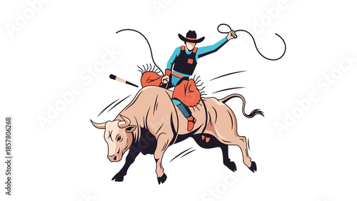 Rodeo cowboy riding a bucking bull in dynamic action illustration