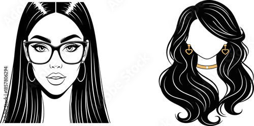Stylized female fashion portraits, black and white illustration, trendy hairstyles and accessories, beauty design concept, elegant earrings and choker, vector art