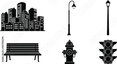 Set of 6 urban elements silhouette city building street lamp park bench hydrant and traffic light