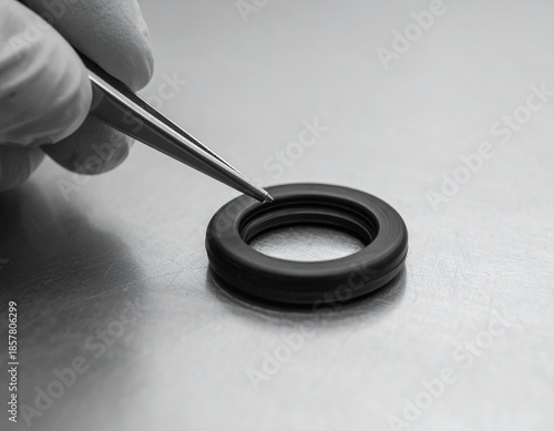 Precision Inspection: A gloved hand uses fine tweezers to delicately examine a small, circular industrial component, showcasing meticulous attention to detail in a clean laboratory setting.
