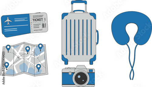 Set of 5 travel essentials flat vector airline ticket luggage map camera and neck pillow