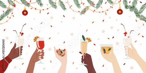 Cheers to the holidays festive drinks and celebratory hands raised in toast