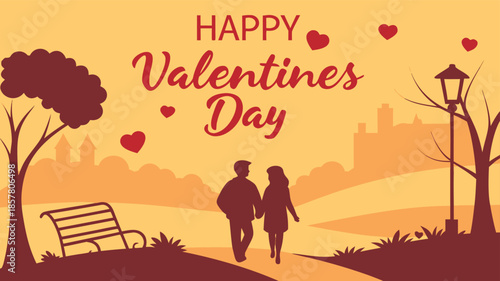a romantic valentines day scene depicting a couple walking together in a park with a heart filled silhouette
