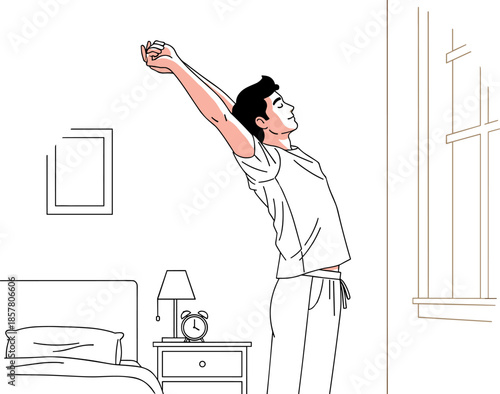 Morning stretch illustration, person waking up beside bed, pajama character pose, sunrise window scene, daily routine concept, bedroom interior vector artt