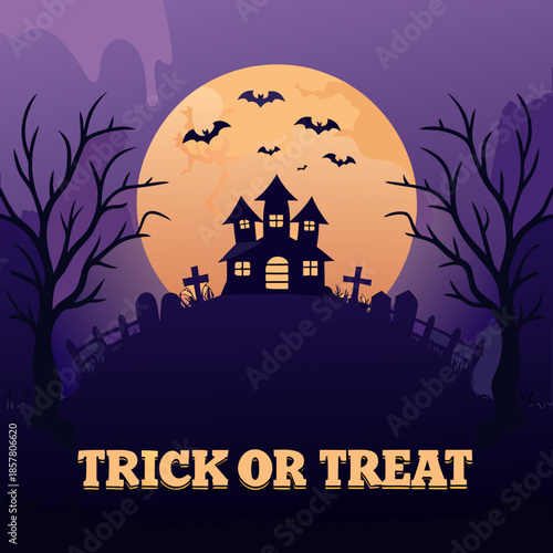 Spooky halloween scene with a haunted house full moon and silhouetted bats