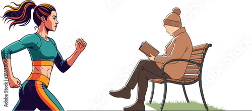 Outdoor activity illustration, runner and reader, casual lifestyle, park bench scene, athletic wear, winter outfit, dynamic contrast, vector design, leisure concept