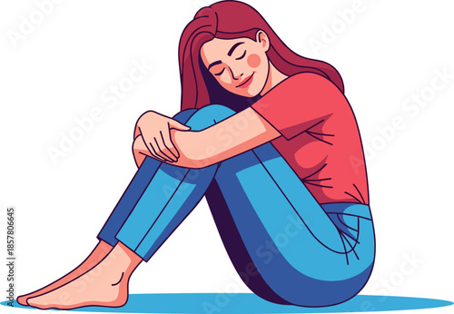 Person sitting calmly on ground, relaxed pose with closed eyes, red shirt and blue pants, peaceful mood illustration, vector art design