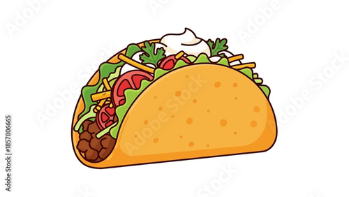 Colorful cartoon taco with toppings and garnish on white background