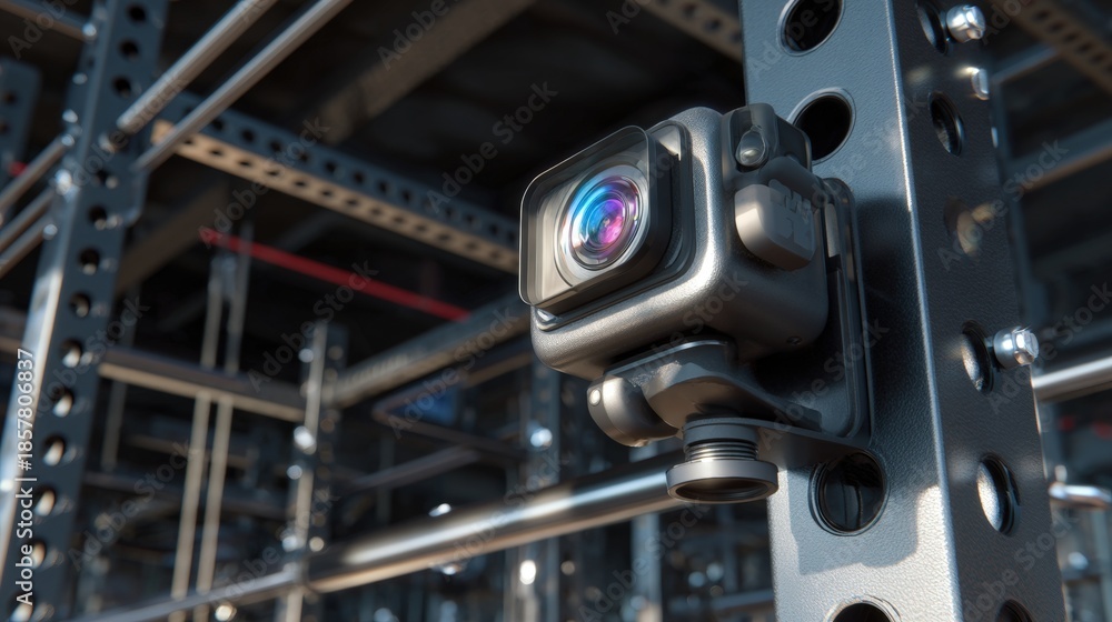 Fototapeta premium Close-up of a camera mounted on a metal structure. the camera is black in color and has a small lens attached to it.