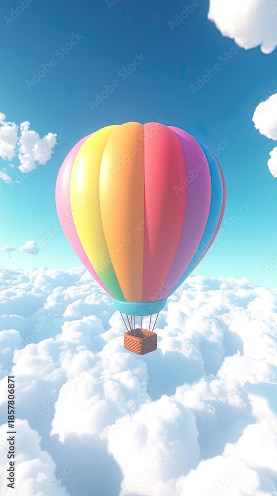 Obraz premium Whimsical Rainbow Hot Air Balloon Floating Above Puffy Clouds in a Bright Blue Sky