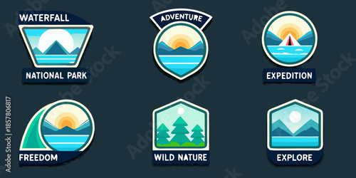 Collection of colorful adventure and nature themed badge designs in flat style