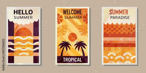Retro summer banners with sun waves palms and vibrant color schemes