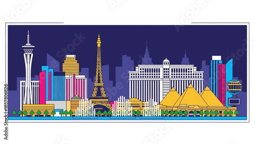 Colorful vector illustration of famous global landmarks in a cityscape