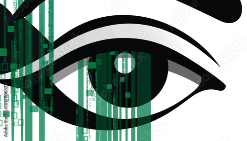 Human eye observing a flow of green digital data and binary code in a technological concept