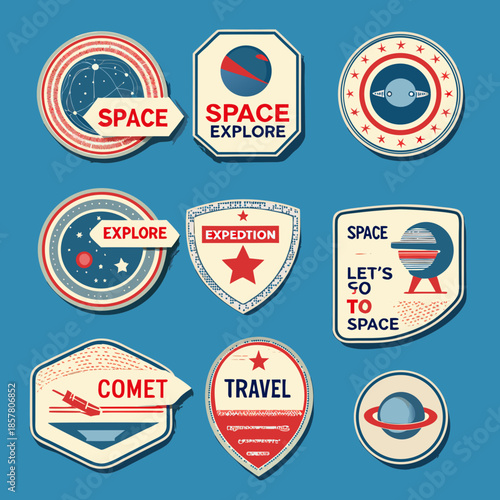 Collection of colorful space themed patches with planets rockets and text