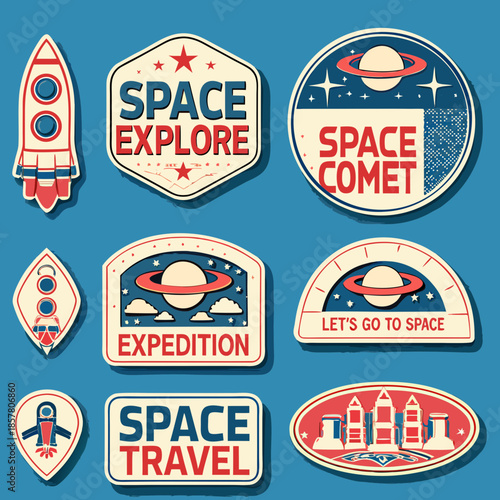Vintage space exploration patches and badges retro rocket and planet designs