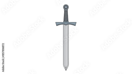 Medieval style silver sword with detailed hilt and blade illustration