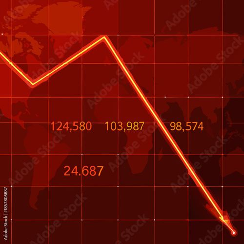 Dramatic stock market decline visualized with a red graph and world map background