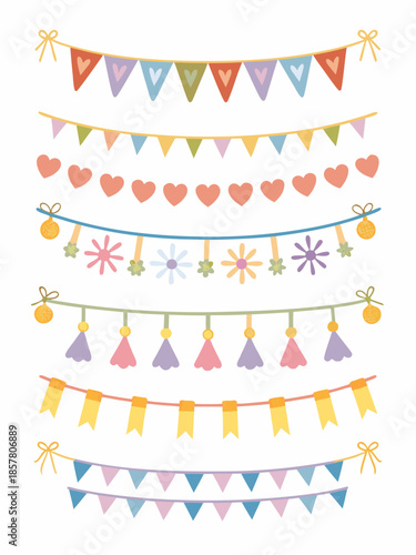 Colorful party decorations including bunting hearts tassels and floral garlands