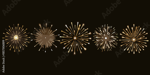 A series of golden fireworks displays against a dark black background