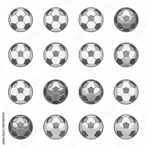 A collection of soccer balls in varying shades and visual styles