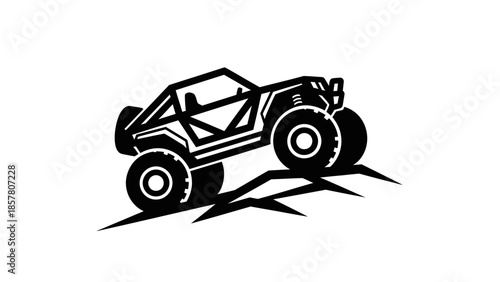 Off road buggy vehicle climbing over rough terrain.
