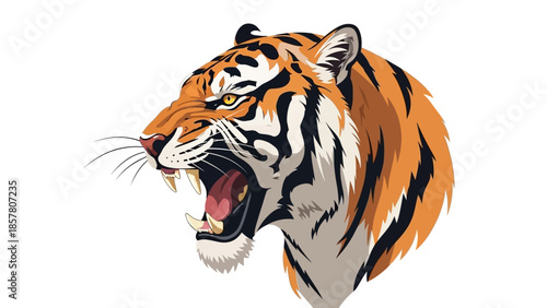 Fierce tiger head illustration with open mouth on white background