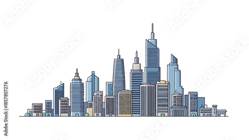 Modern city skyline illustration with skyscrapers on white background