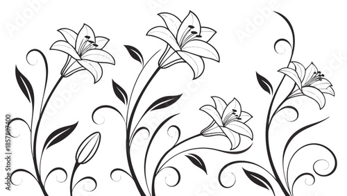 delicate floral arrangement featuring lily blossoms and swirling leaves presented in a striking black and white silhouette