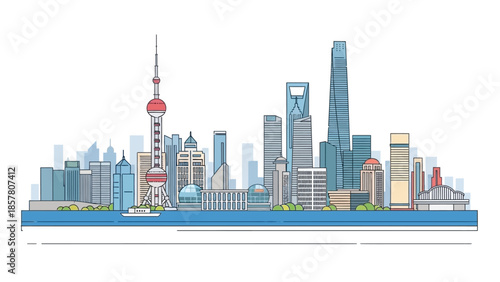 Colorful vector illustration of modern Shanghai skyline with iconic landmarks