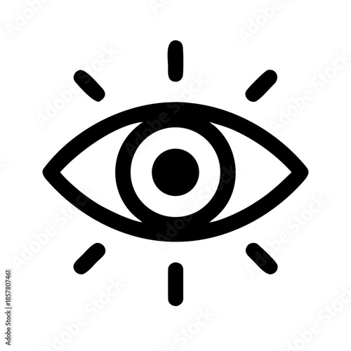 Black and white icon of stylized eye with radiating lines, symbolizing vision, awareness, and perception