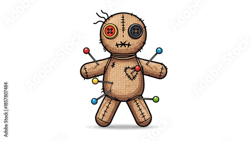 Voodoo doll with colorful pins on white background