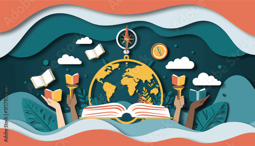 Global Knowledge Exploration: Diverse Hands Holding Books in a Conceptual Paper Cut Illustration