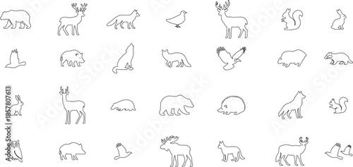 Black forest animal icon set in line style, wildlife silhouette and outline collection with deer, bear, wolf and bird symbols, minimal monochrome nature vector graphic group