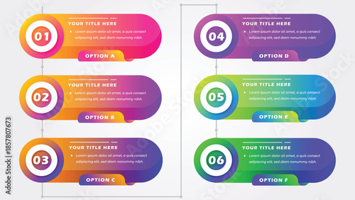 6 Step Horizontal Process Infographic. Colorful Rounded Banner Template with Numbered Circular Nodes and Option Labels. Professional Vector Illustration for Business Workflow and Project Planning