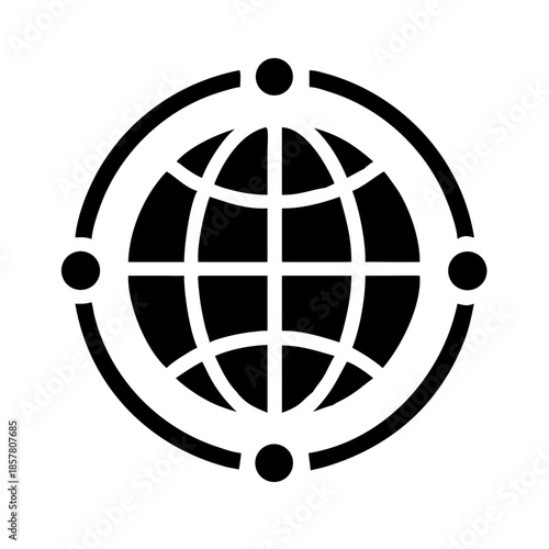 Black and white icon of globe with circular frame and four dots, symbolizing global connectivity and networking