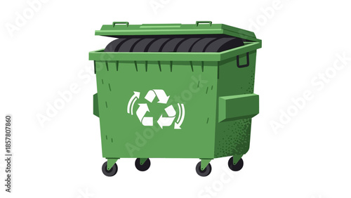 Green recycling dumpster with wheels and lid on white background