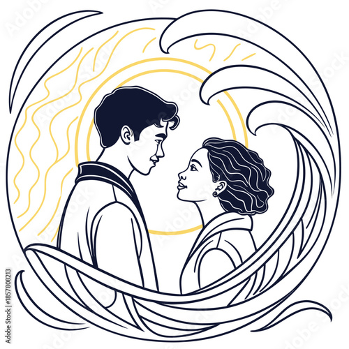 A romantic couple shares a tender moment framed by art nouveau waves and a radiant sun silhouette