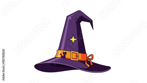 Purple witch hat with orange buckle and star detail on white background