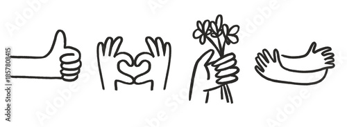 Konstfotografi Hand symbols illustration set thumbs up love heart holding flowers and hugging i