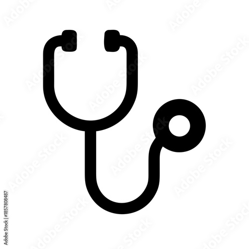 Black and white icon of stethoscope with earpieces and chest piece, symbolizing healthcare and medical diagnostics