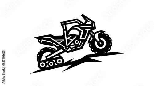 Stylized Black and White Illustration of an Adventure Motorcycle on a Rocky Terrain.
