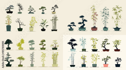 Illustration set of bonsai and potted trees in various styles suitable for zen themes interior decor nature education and calm lifestyle visuals