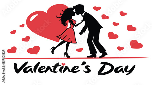 A romantic illustration depicting a couple sharing a kiss amidst a flurry of hearts on valentine s day silhouette
