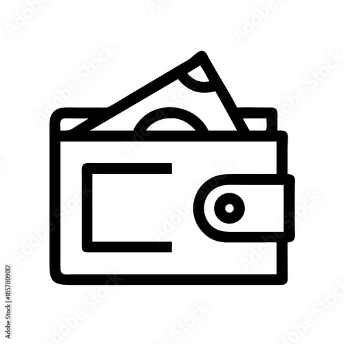 Black and white wallet icon with visible banknote, ideal for finance, budgeting, and banking UI design