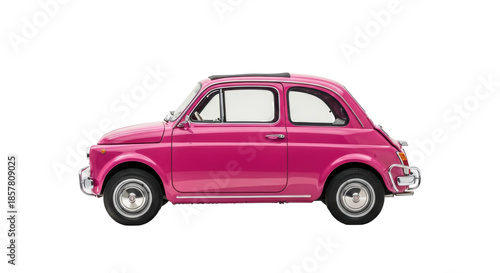 A vivid pink classic vintage 1960s Fiat 500 car with gleaming chrome accents, in a high-key studio on a transparent background with copy space, soft diffused lighting, subtle shadow. Concept of