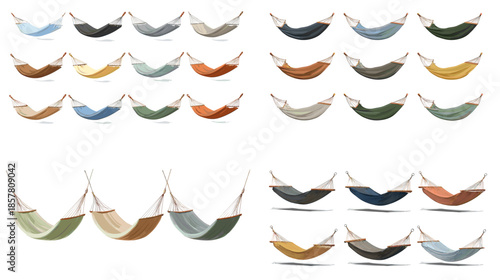 Illustration set of fabric hammocks in various colors and shapes ideal for summer leisure outdoor relaxation travel themes and lifestyle design concepts