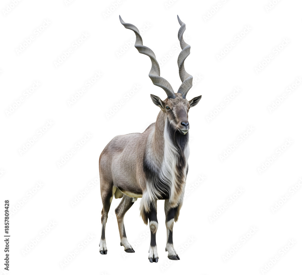 Obraz premium Markhor goat standing isolated with greyish brown coat