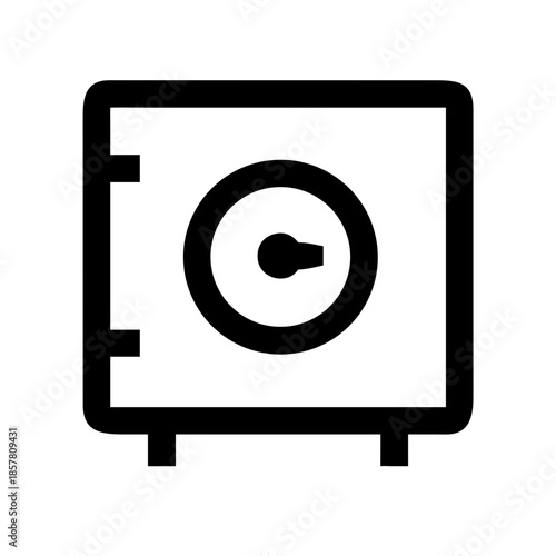 Black and white safe icon with circular lock and hinges, ideal for security, banking, and storage UI design.