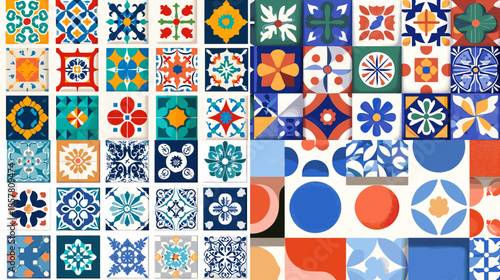 Colorful collection of decorative tiles with geometric and floral patterns inspired by Mediterranean and vintage design suitable for backgrounds textiles and surface decoration